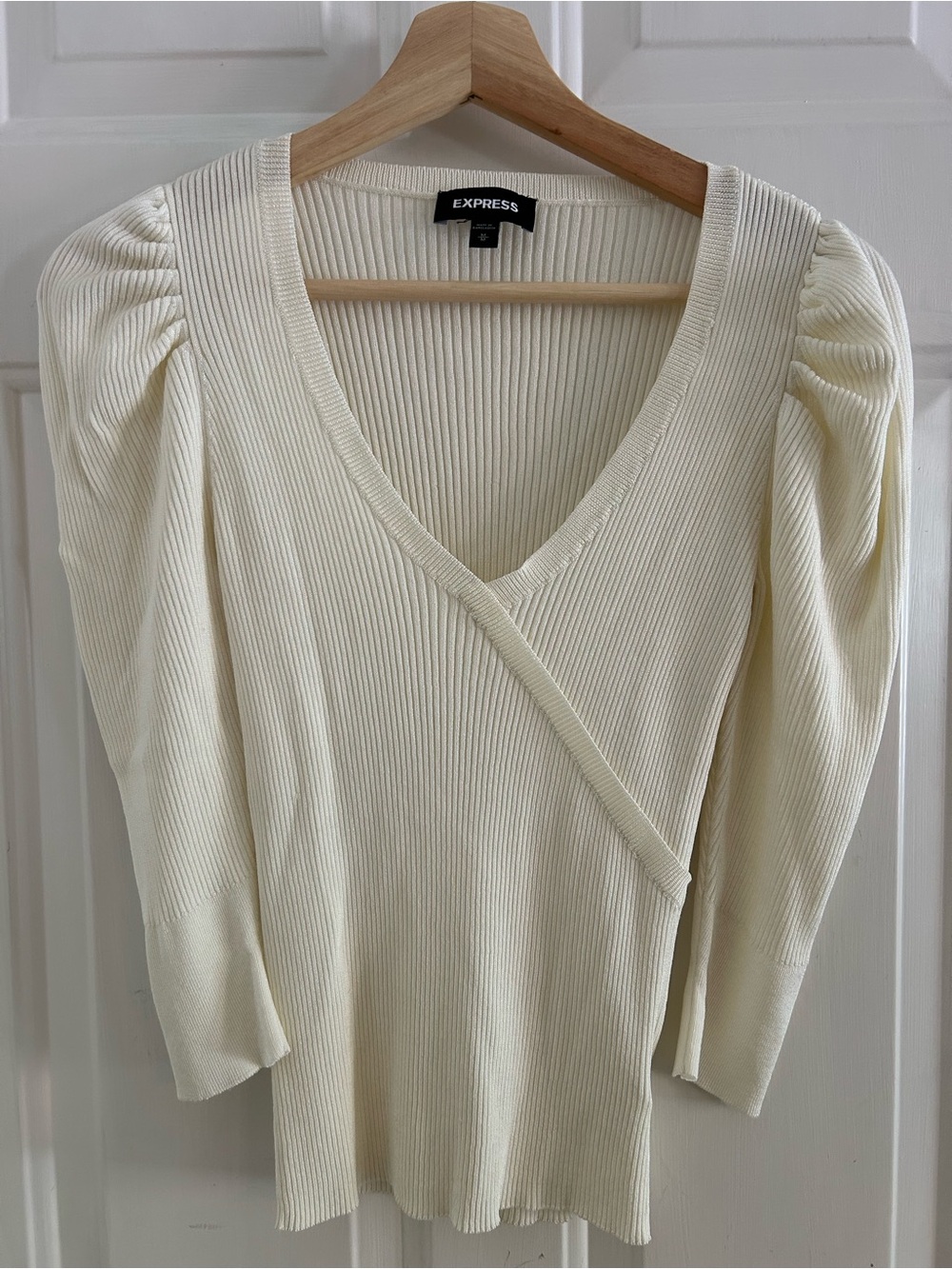 Express Cream Ribbed V-Neck Puff Sleeve  Top
